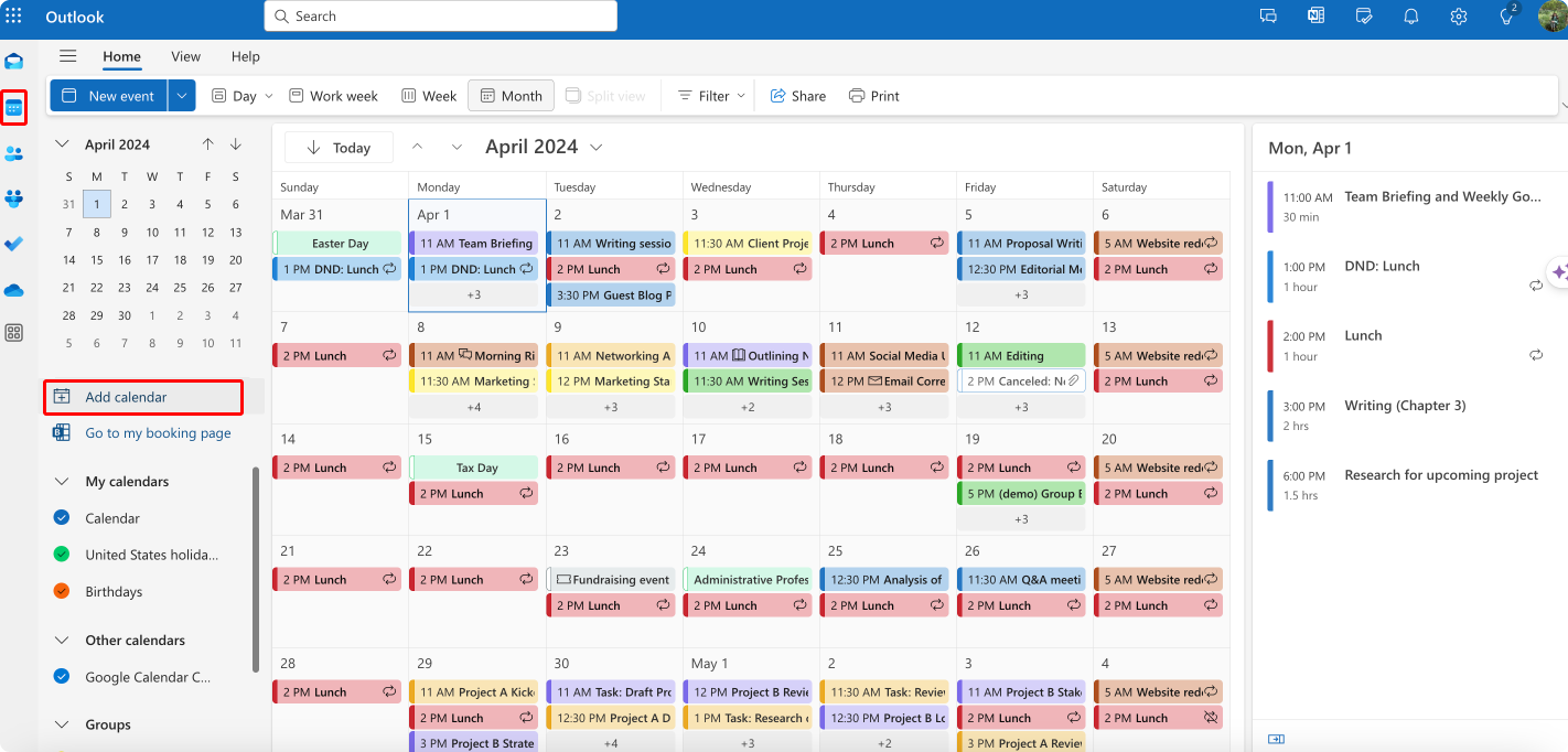 Click on ‘Calendar’ and then to ‘Add calendar’