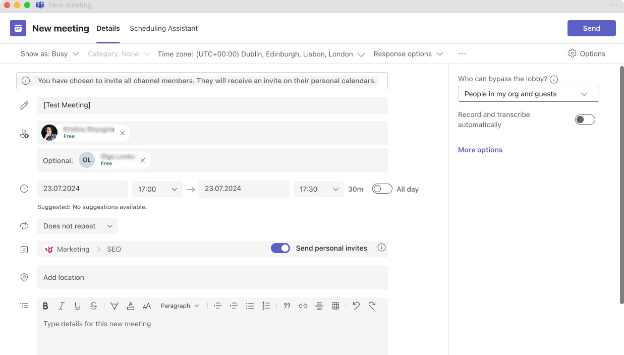 Fill in your meeting details.\u00a0