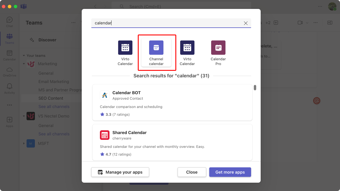 Pic. 3. Looking for channel calendar within available apps.\u00a0