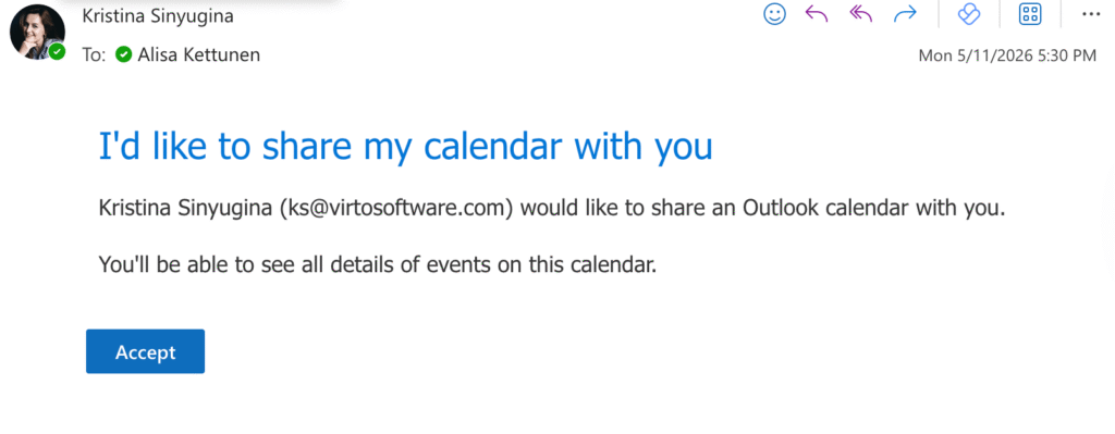 Pic. 1. Accepting a shared calendar invitation in New Outlook (2024+).