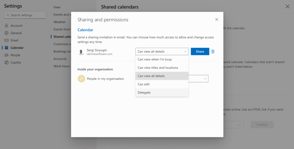 Pic. 6. To delegate full mailbox-level rights (including sending meeting responses), the owner chooses to delegate in the drop down menu next to the person they choose.