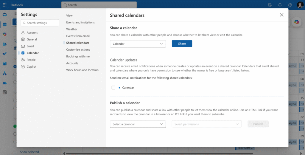 Pic. 5. The owner shares their calendar from Settings → Calendar → Shared calendars.