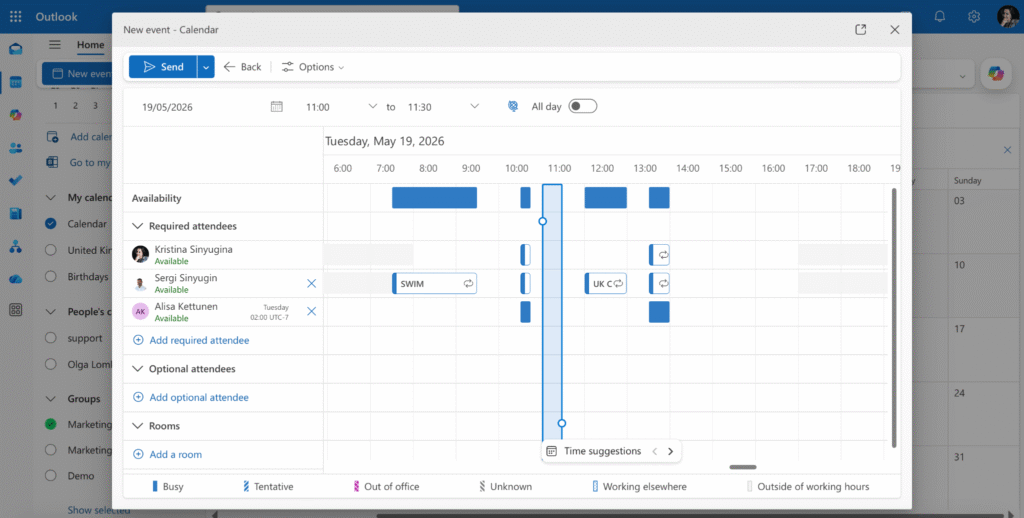 Pic. 7. Finding a free slot using Scheduling Assistant.