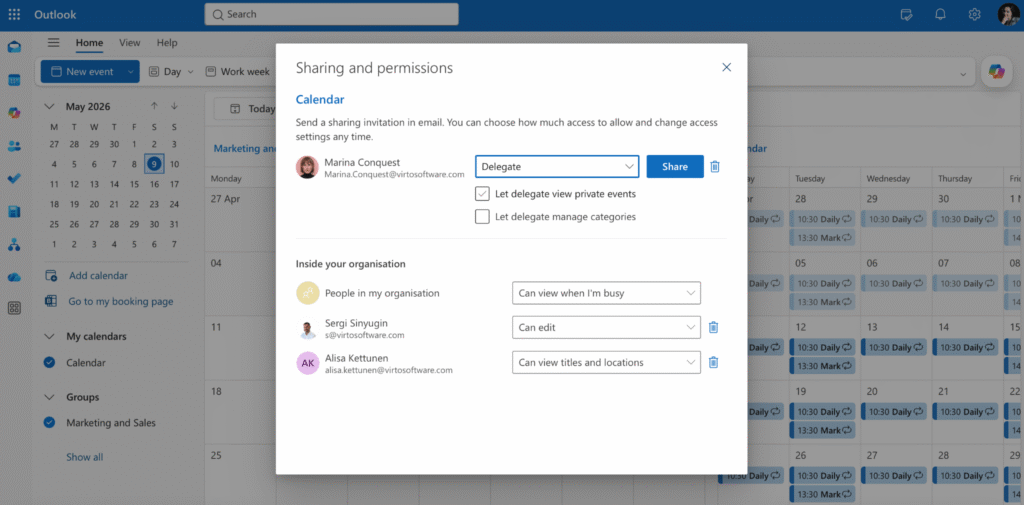 Pic. 8. Sharing and permissions panel — adjusting access levels per person.