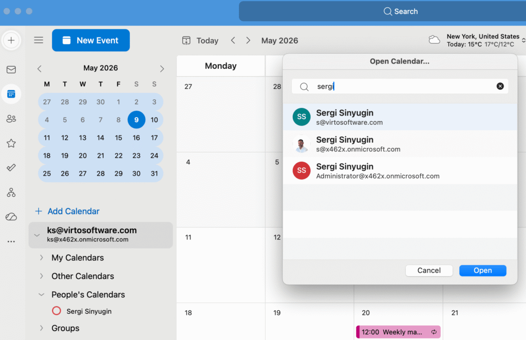 Pic. 2. Opening a shared calendar in Outlook for Mac.