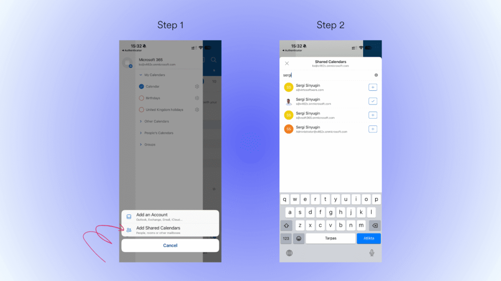 Pic. 4. Adding a shared calendar in the Outlook mobile app.