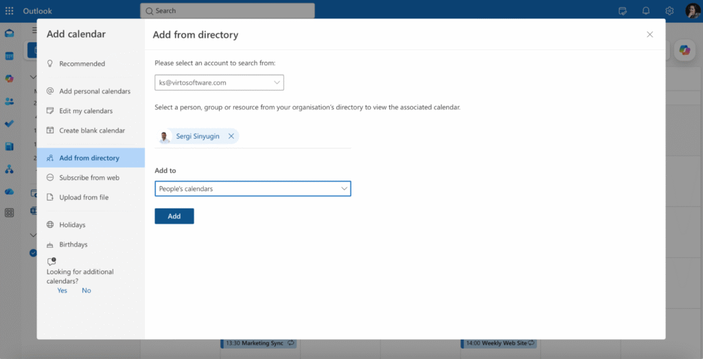 Pic. 1. Adding a colleague&rsquo;s calendar from the directory in New Outlook.