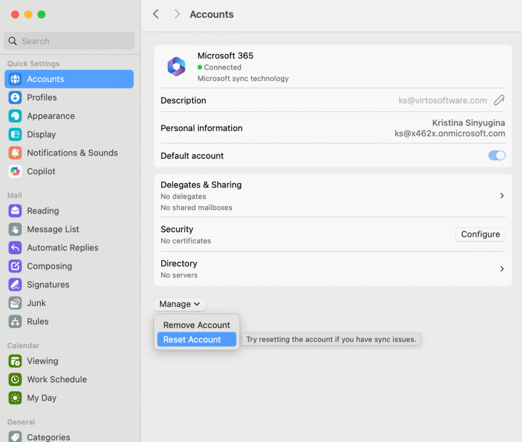 Pic. 5. Resetting the account in Outlook for Mac.