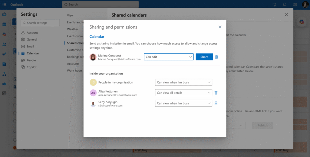 Pic. 3. Setting at least Reviewer permission in Calendar Properties → Permissions.