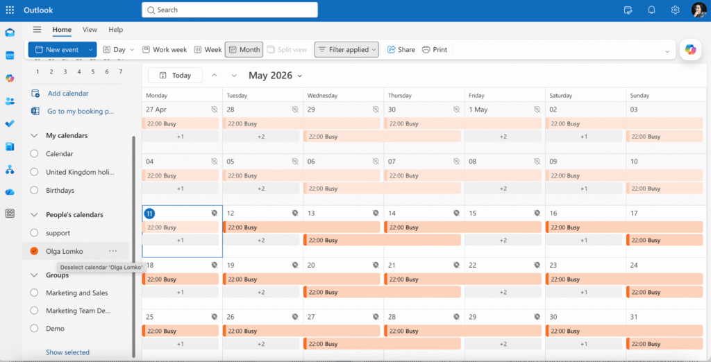Pic. 2. Ticking the shared-calendar checkbox under “Other people’s calendars” in New Outlook.