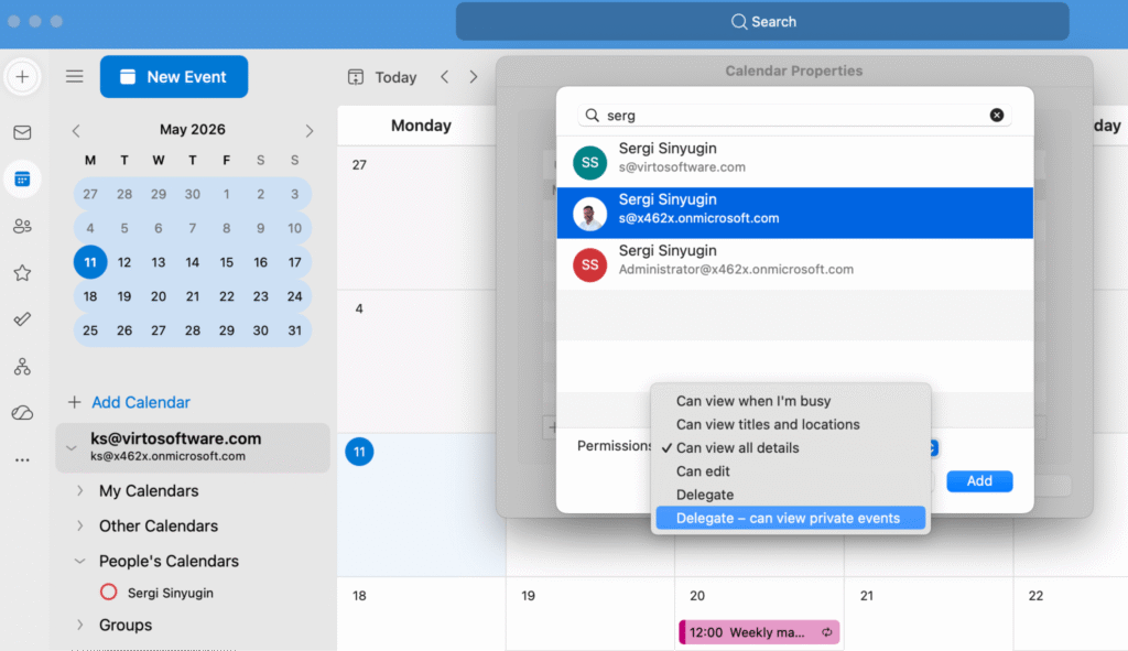 Pic. 6. Delegate Permissions in Classic Outlook (different mechanism from standard Sharing).