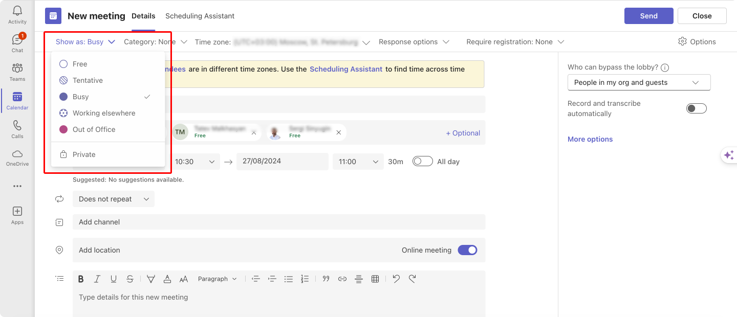 Assigning your status whilst in a meeting in Microsoft Teams.\u00a0