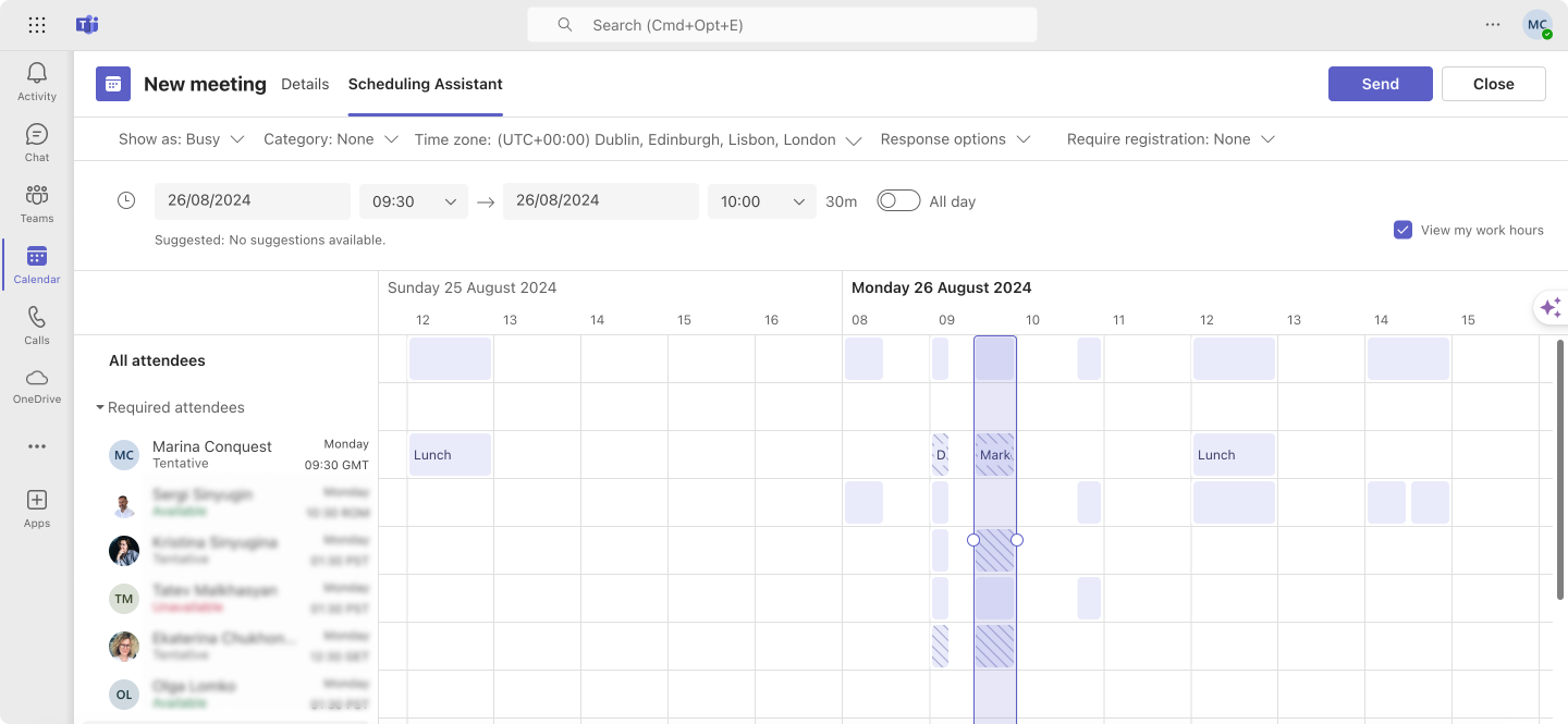 Using Scheduling Assistant while scheduling a new meeting within Microsoft Teams.\u00a0