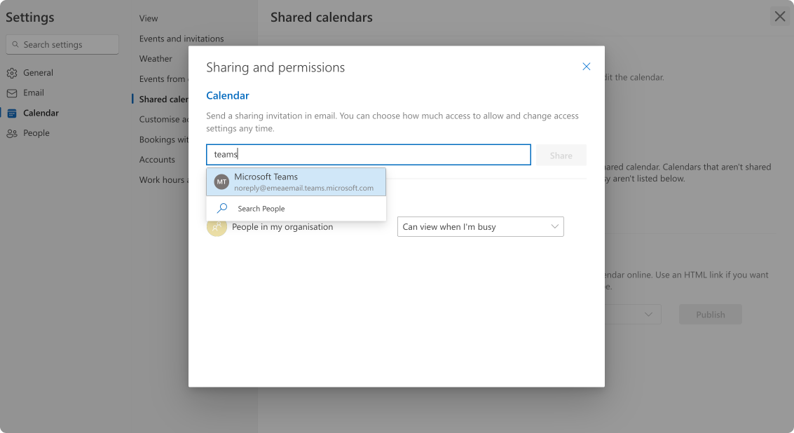 Choosing people (Teams account) to share your calendar with.