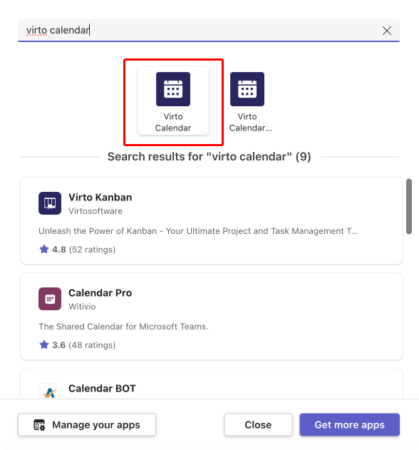 Searching for the Virto Calendar app in Microsoft Teams.