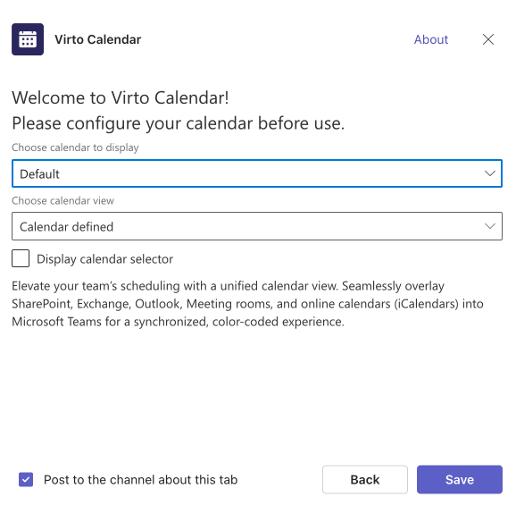 Choosing a calendar for display in Virto Calendar for Microsoft Teams.