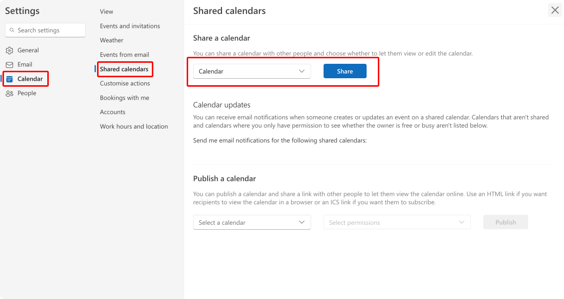 Choosing a calendar to share in Outlook.