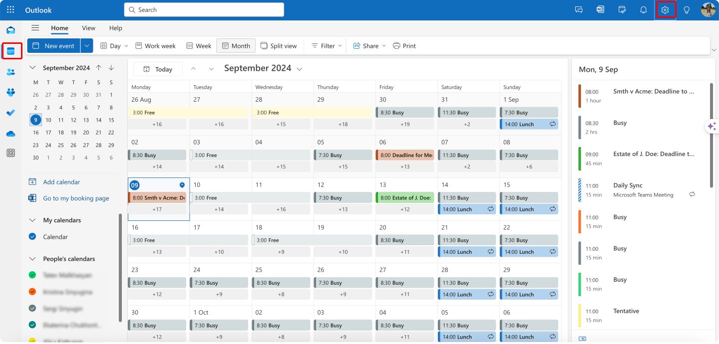 Navigating to calendar settings in Outlook.