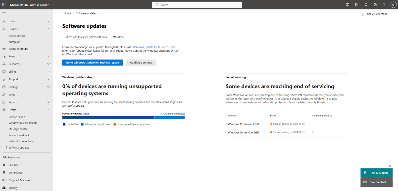 Example Microsoft Admin Center page.
