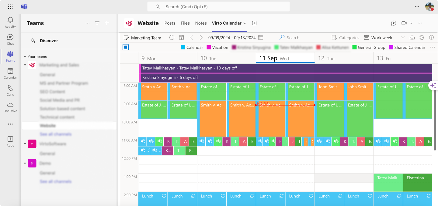 Viewing Virto Calendar in Microsoft Teams. Sample overlaid view.