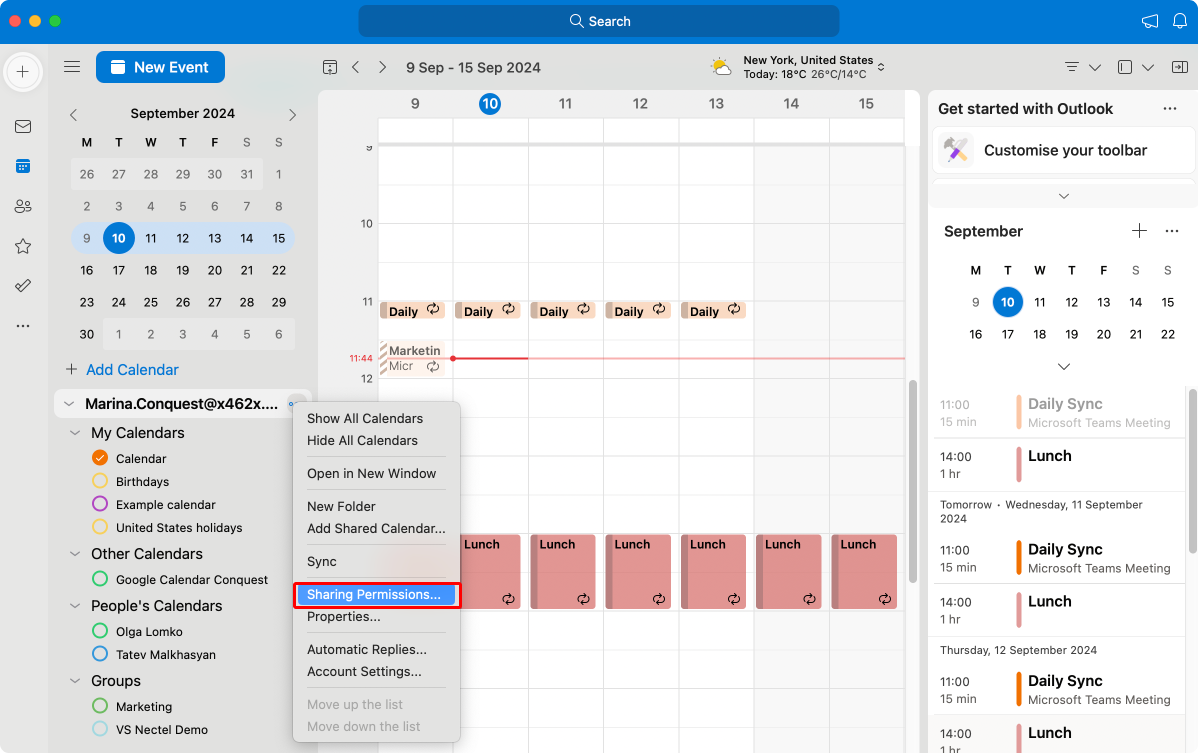  Navigating to “Sharing Permissions…” in the Outlook app for Mac.