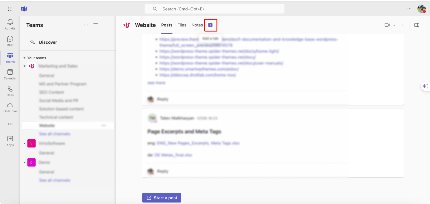 Adding a new tab to your channel in Microsoft Teams.