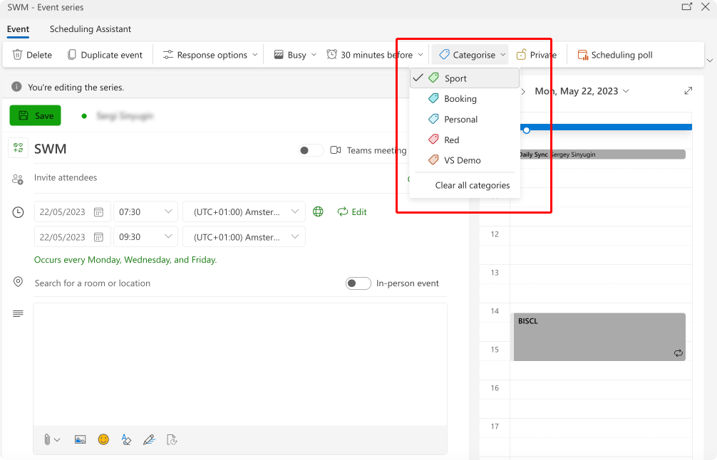 Checking event categorizations on OWA.\u00a0