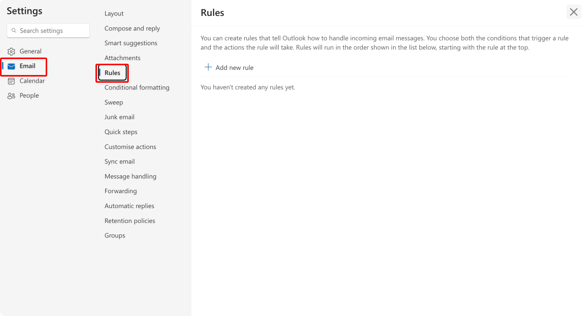 Navigating to the rules section on OWA.\u00a0