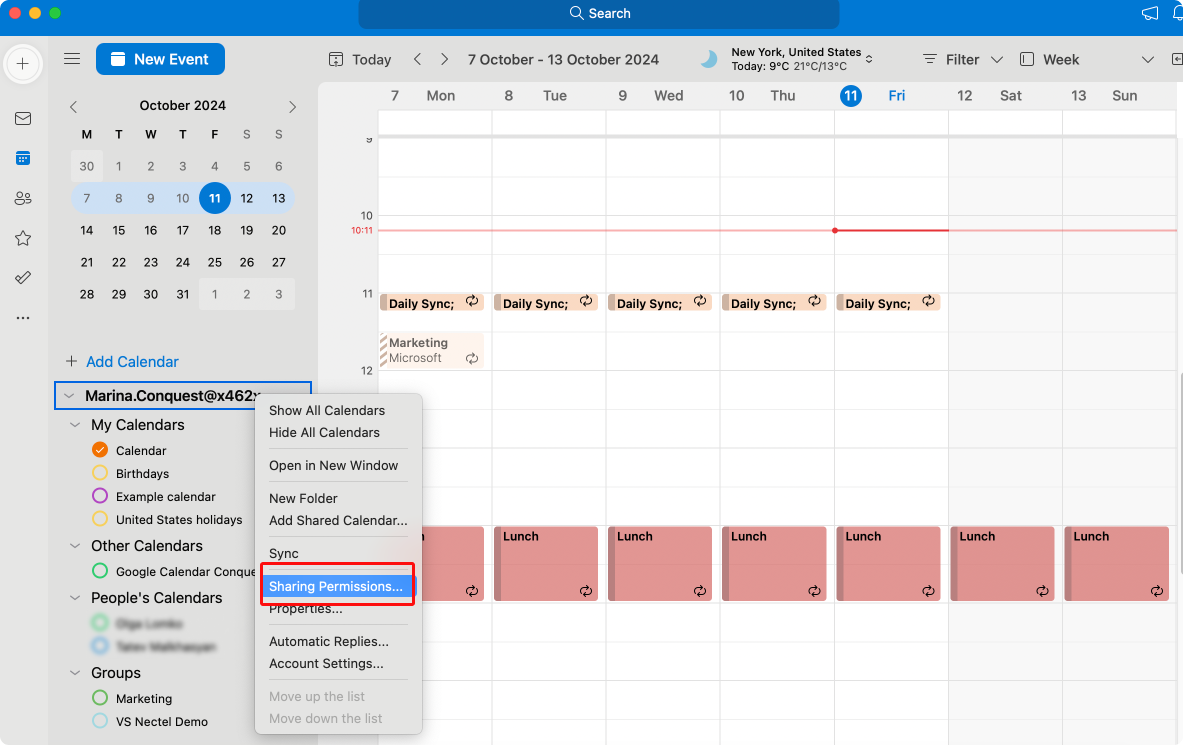 Navigating to Sharing Permissions on Outlook for Mac.\u00a0