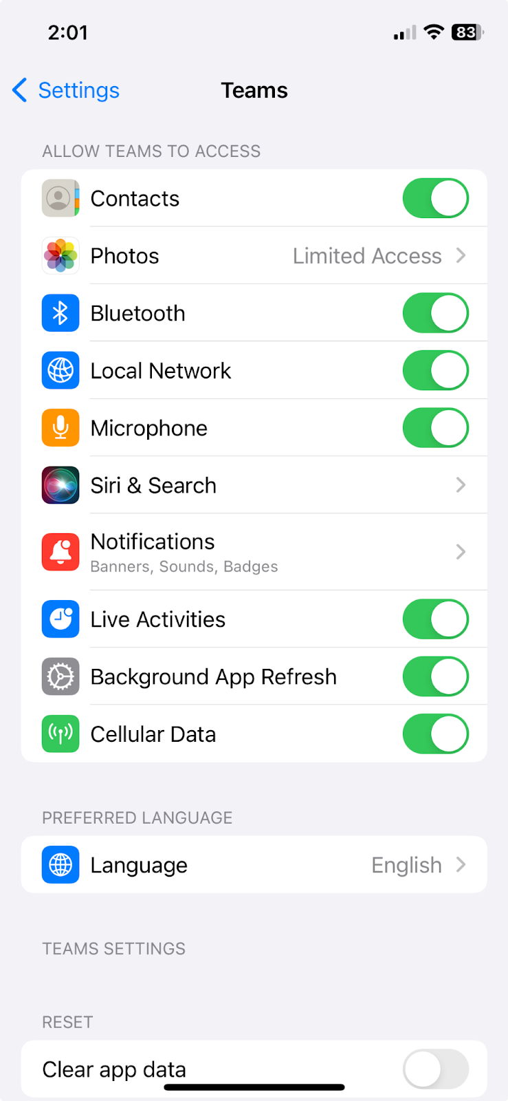 Checking settings for the Teams app.\u00a0