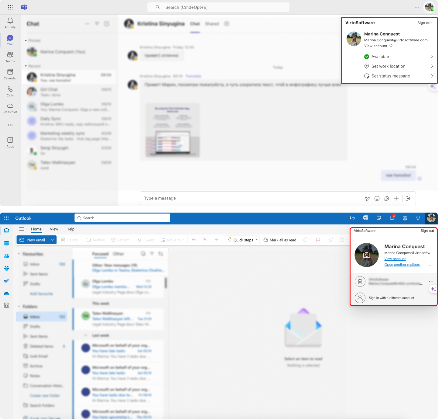 Checking accounts in Microsoft Teams and Outlook.\u00a0