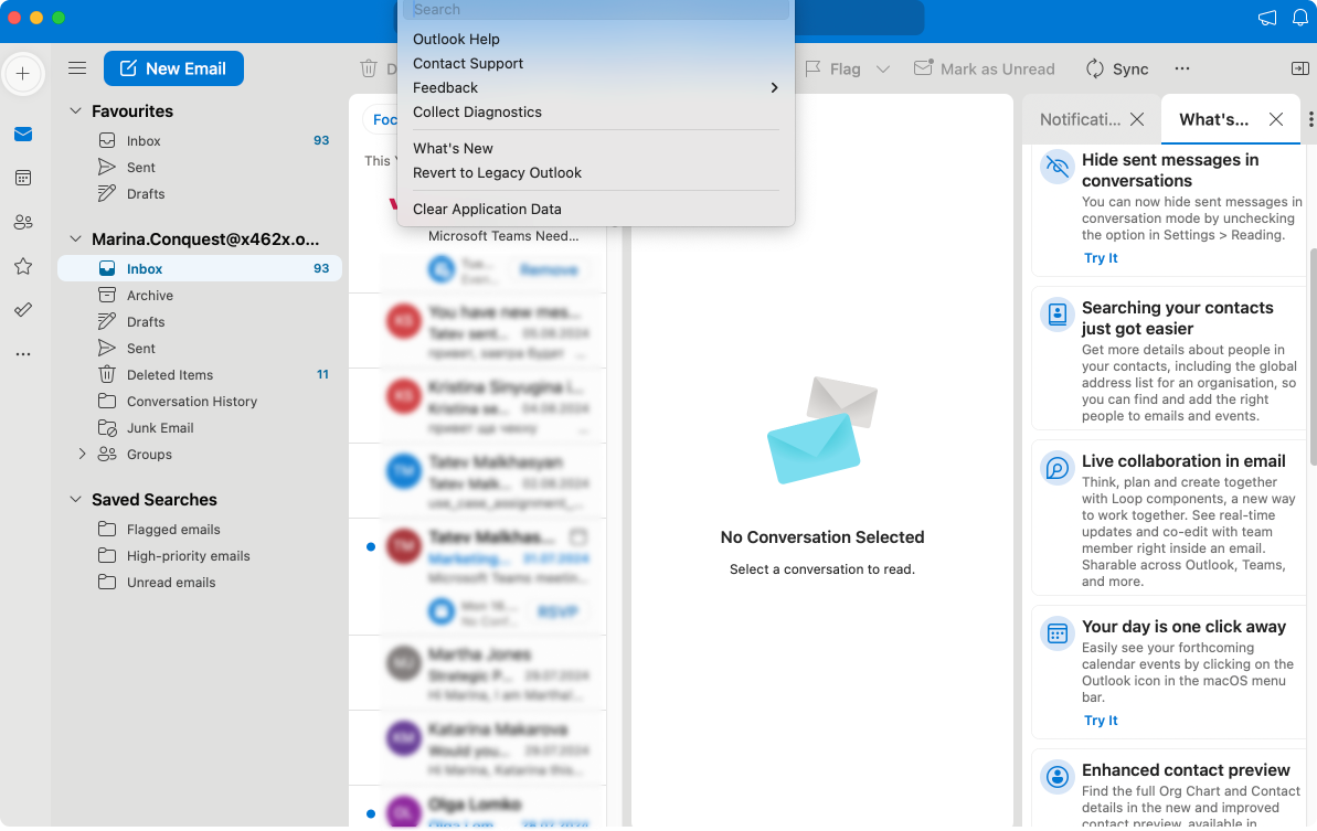  Looking for help and feedback submission in Outlook for Mac.\u00a0
