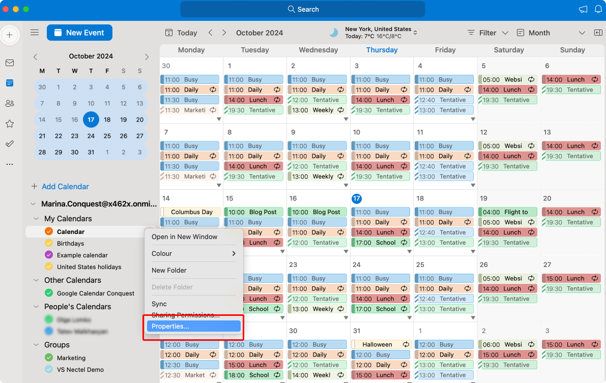 Navigating to calendar properties in Outlook for Mac.\u00a0