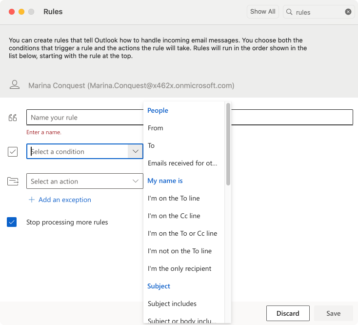 Pic. 16. Setting up rules in Outlook for Mac.