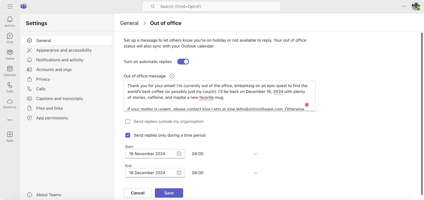 Pic. 3. Configuring your status and OOO message in Microsoft Teams.