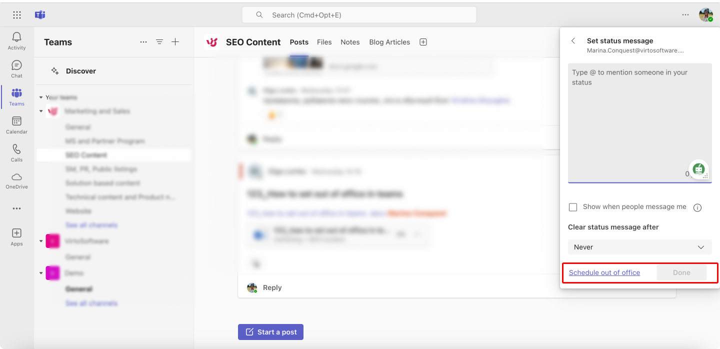 Pic. 2. Navigating to “Schedule out of office” in Microsoft Teams.