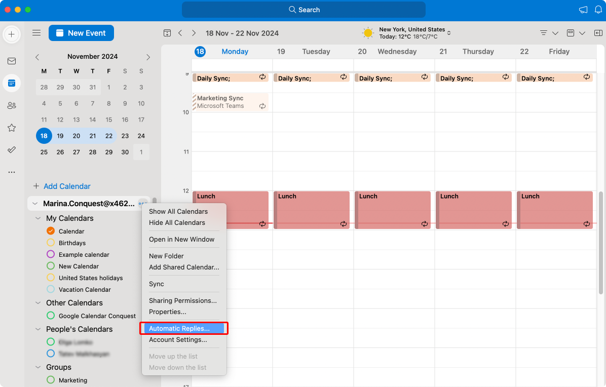 Pic. 5. Navigating to “Automatic replies” in Outlook for Mac.\u00a0