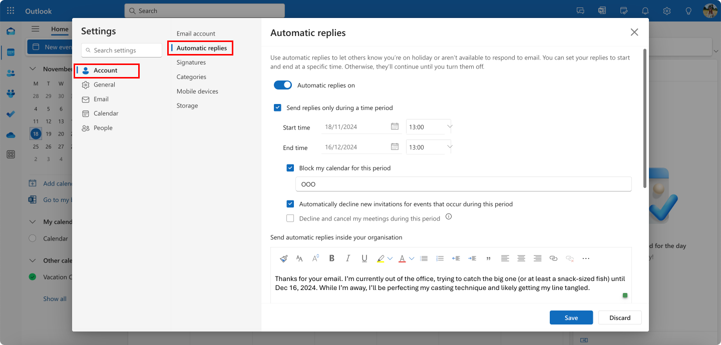 Pic. 8. Configuring your automatic reply on OWA.\u00a0