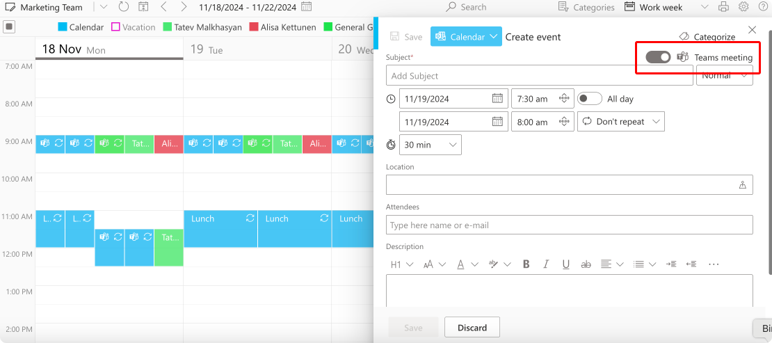Pic. 11. Creating a Microsoft Teams meeting from within Virto Calendar.