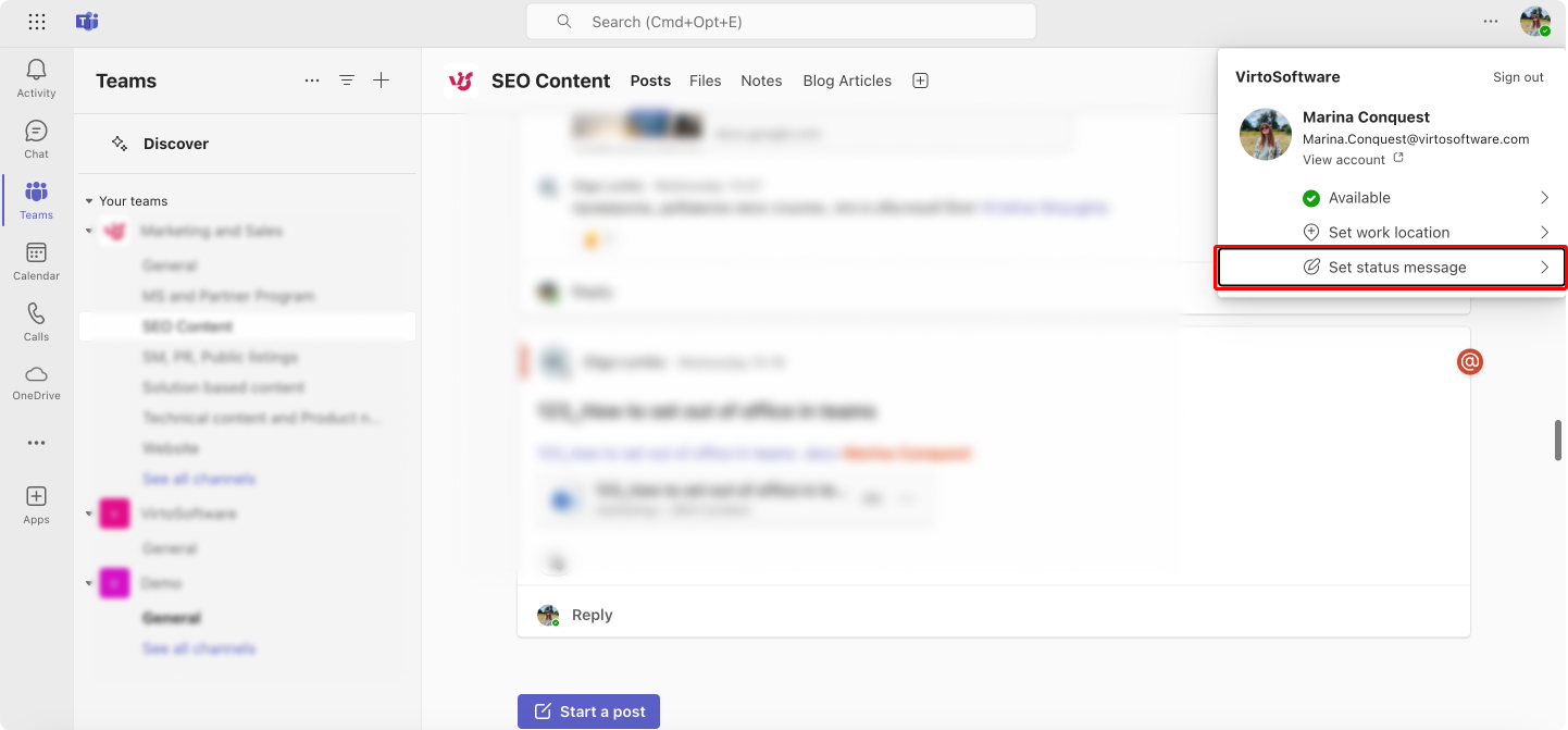 Pic. 1. Locating “Set status message” in Microsoft Teams.