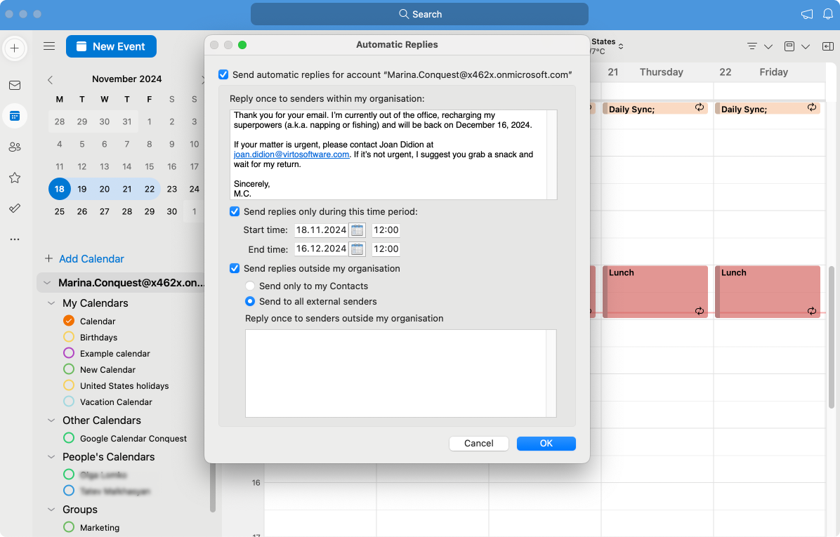 Pic. 6. Configuring your automatic reply on Outlook for Mac.\u00a0