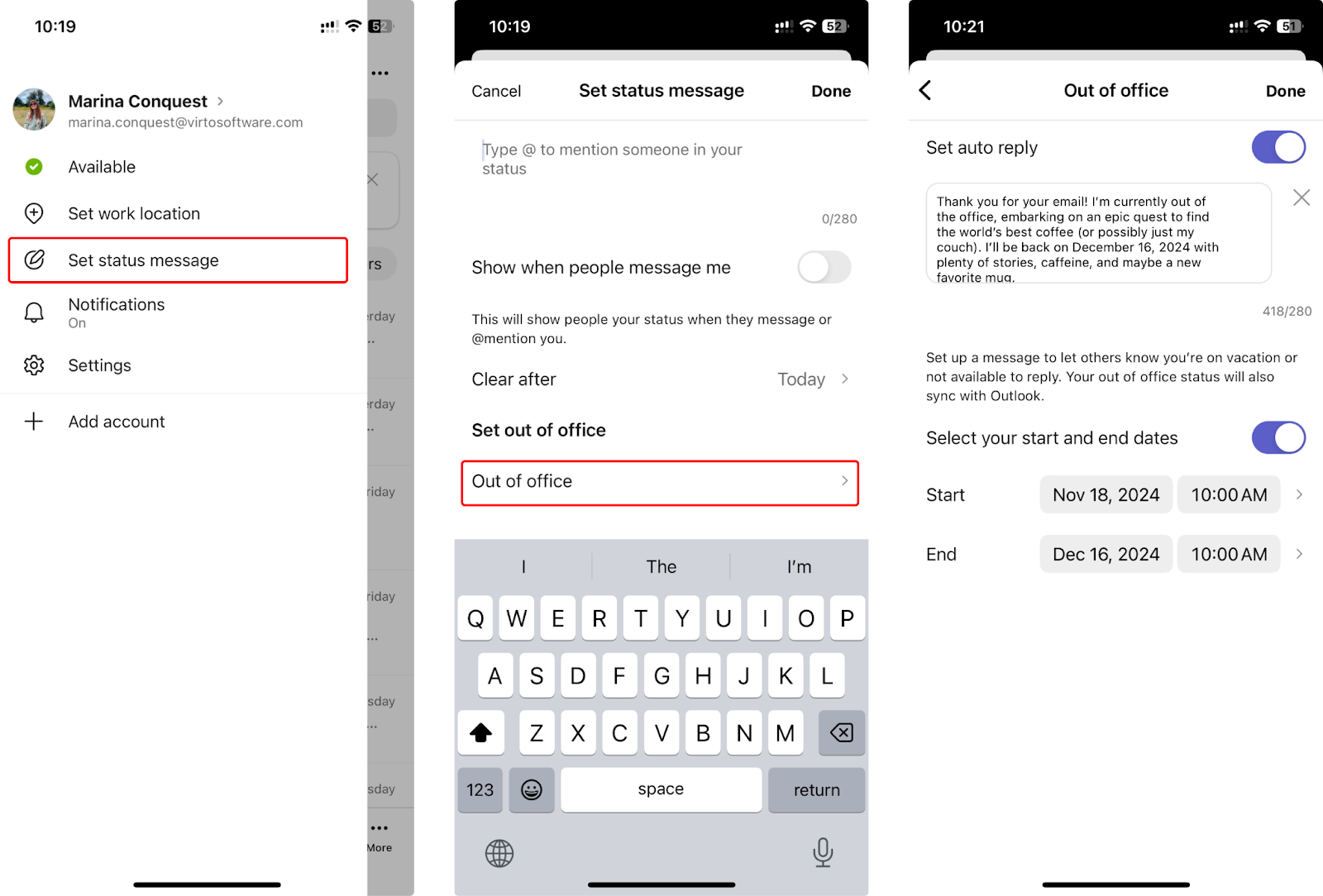 Pic. 4. Configuring your OOO message in Microsoft Teams for mobile.