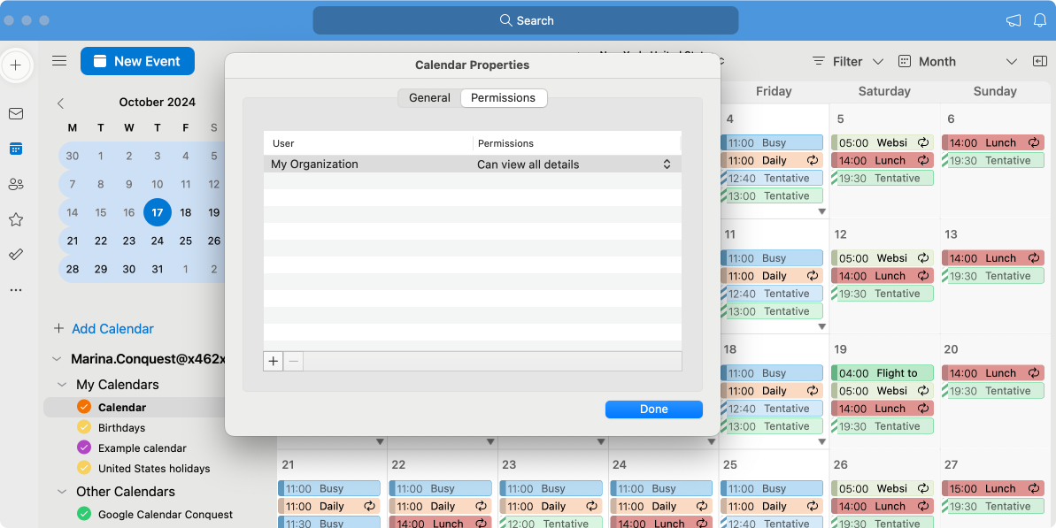 Checking permissions in Outlook for Mac.\u00a0