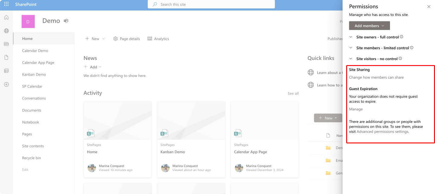 Pic. 5. Exploring other sharing options within the “Site permissions” settings.