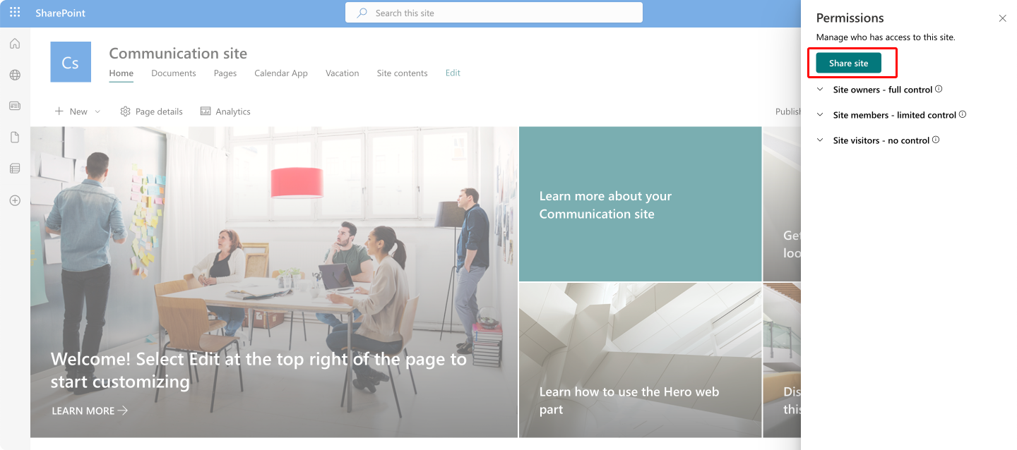 Pic. 2. Locating the “Share site” button.
