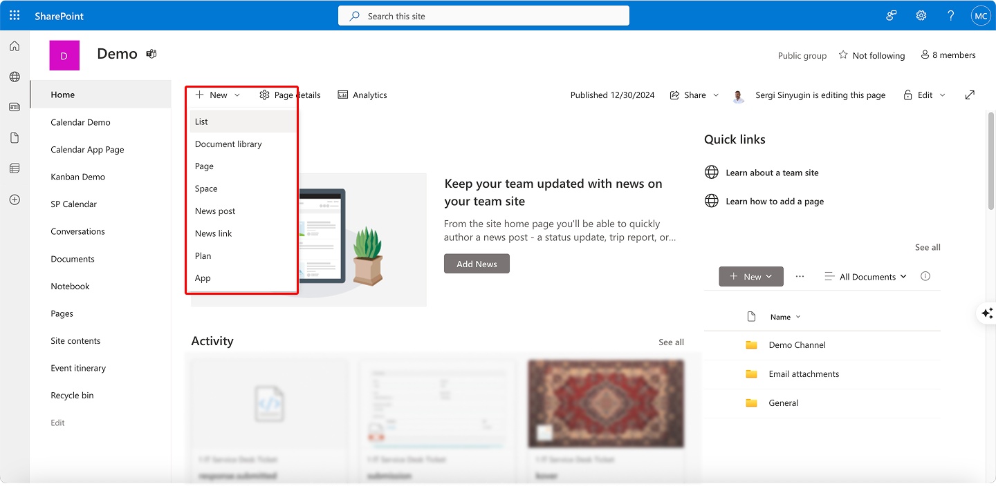 Pic. 5. Creating a new list on a SharePoint site.\u00a0