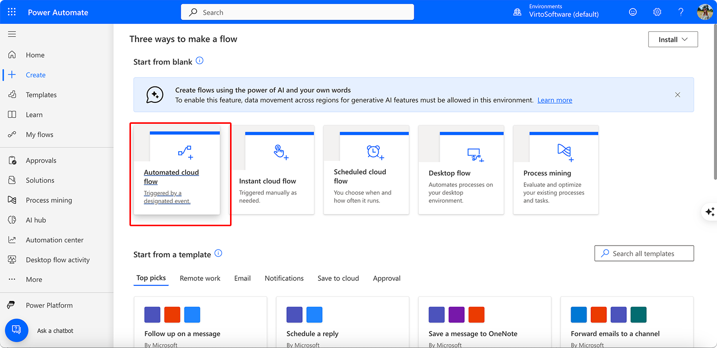 Pic. 7. Navigating to “Automated cloud flow” on the Power Automate platform.\u00a0