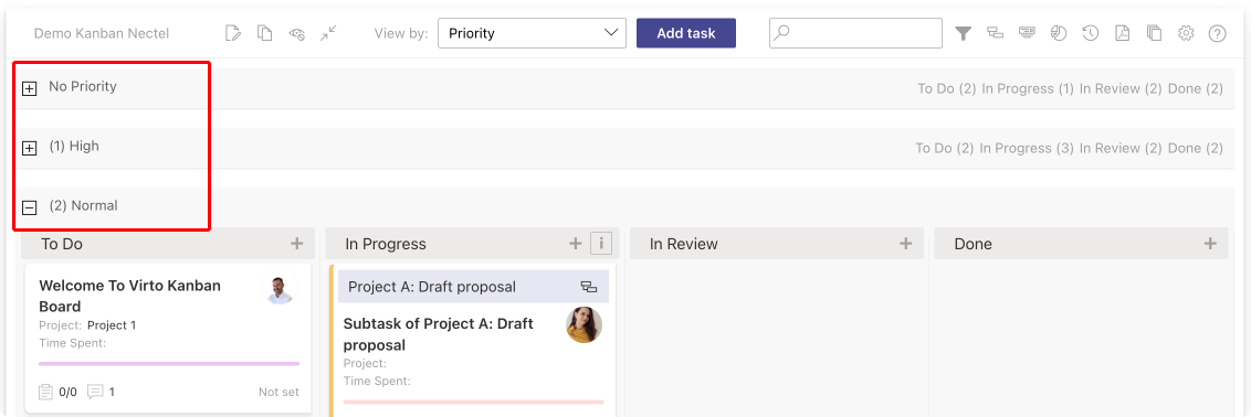 Pic. 11. Example swimlanes in the Virto Kanban Board App organizing work by priority.\u00a0