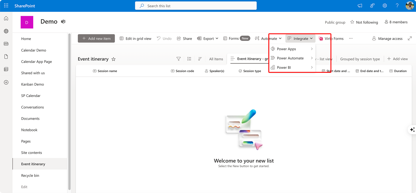 Pic. 1. Navigating to “Integrate” section of a SharePoint list.