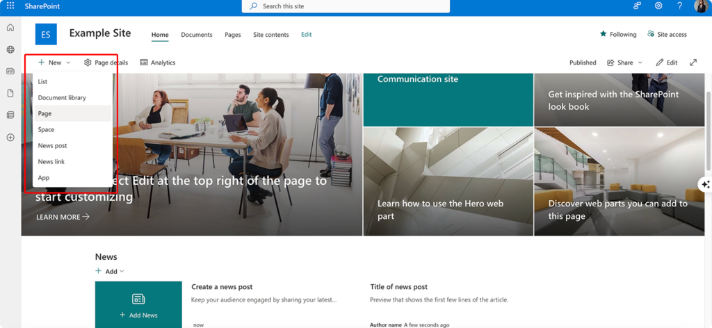 Adding a new list, document library, page, etc